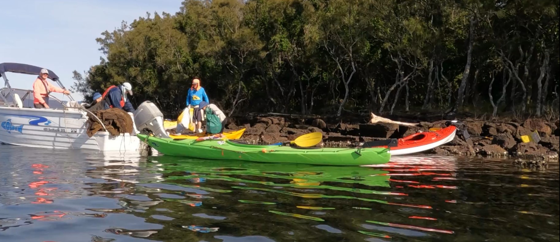 Kayakers remove 20 big bags of rubbish from island in Lake Illawarra
