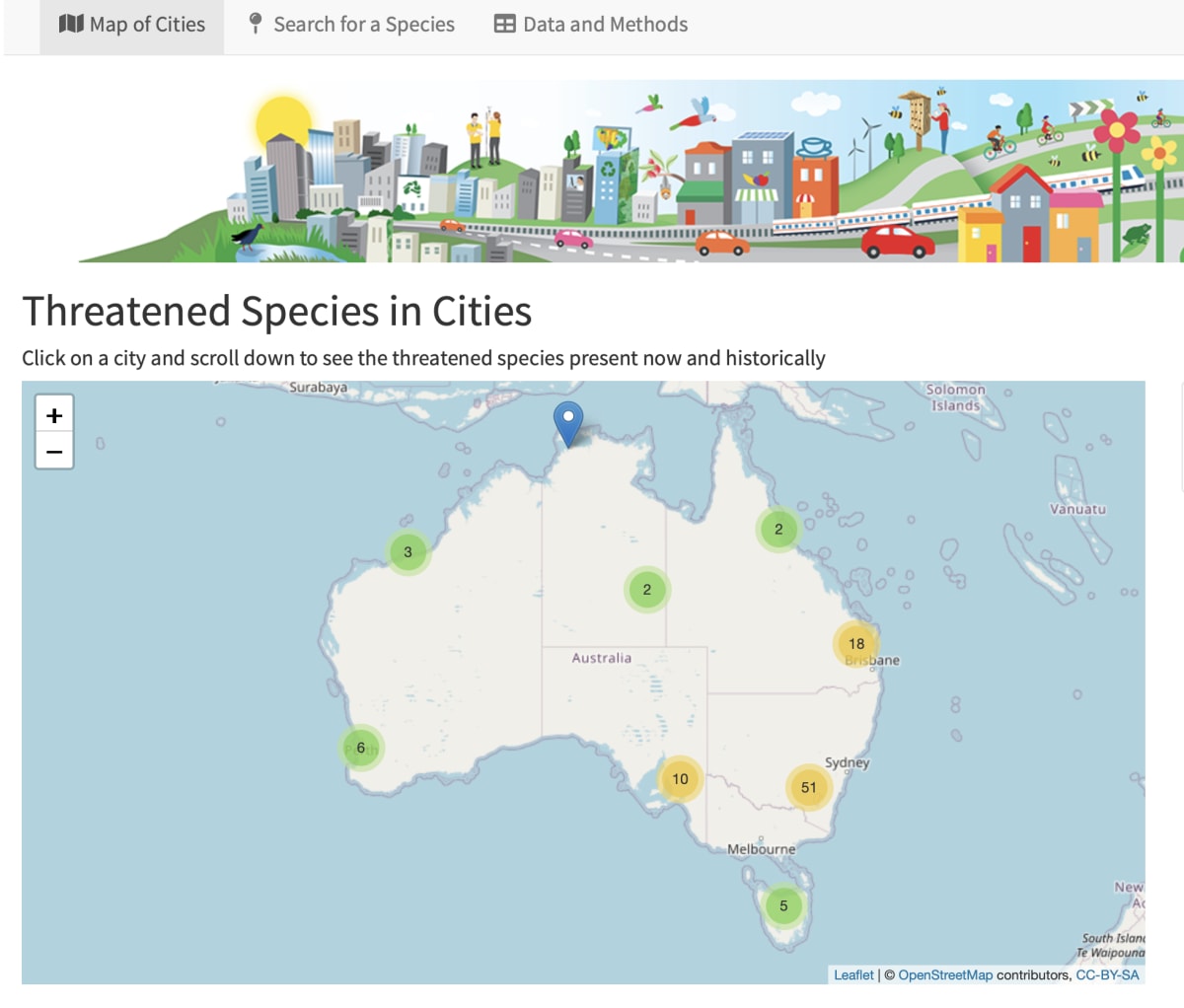 A screenshot showing the homepage of the Threatened Species in Cities project.
