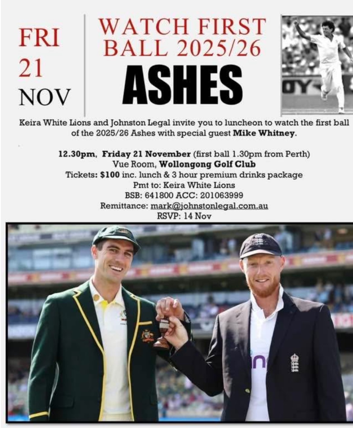 Mike Whitney special guest for the First Ball of the Ashes at Wollongong Golf Club  post image